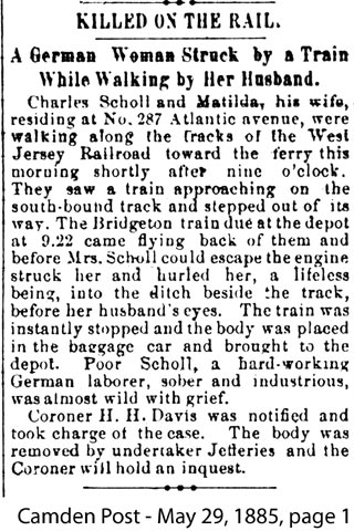 Killed on the Rail newspaper clipping, Camden Post, May 29, 1885