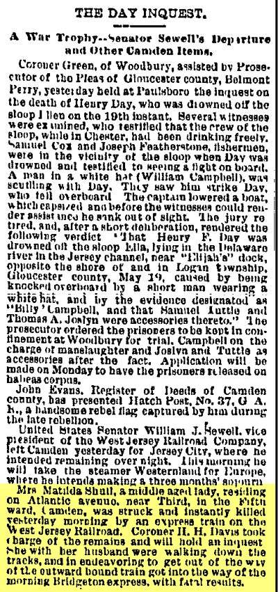 Philadelphia Inquirer clipping, May 30, 1885, about Matilda Scholl's death