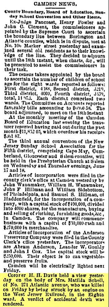 Philadelphia Inquirer clipping, June 2, 1885, inquest verdict for Matilda Scholl