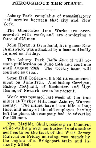 Trenton Evening Times clipping, June 2, 1885, about Matilda Scholl's death