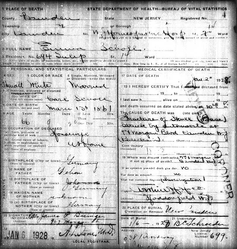 Matilda Scholl death certificate, May 29, 1885