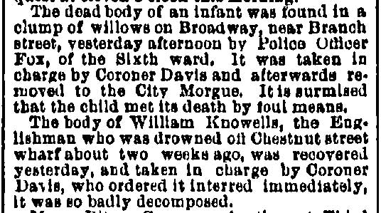 Philadelphia Inquirer clipping, July 21, 1885, Dr. Henry H. Davis coroner items