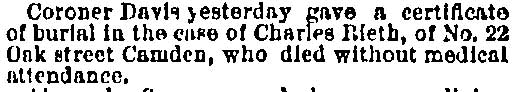 Philadelphia Inquirer clipping, August 17, 1886, Dr. Henry H. Davis burial certificate