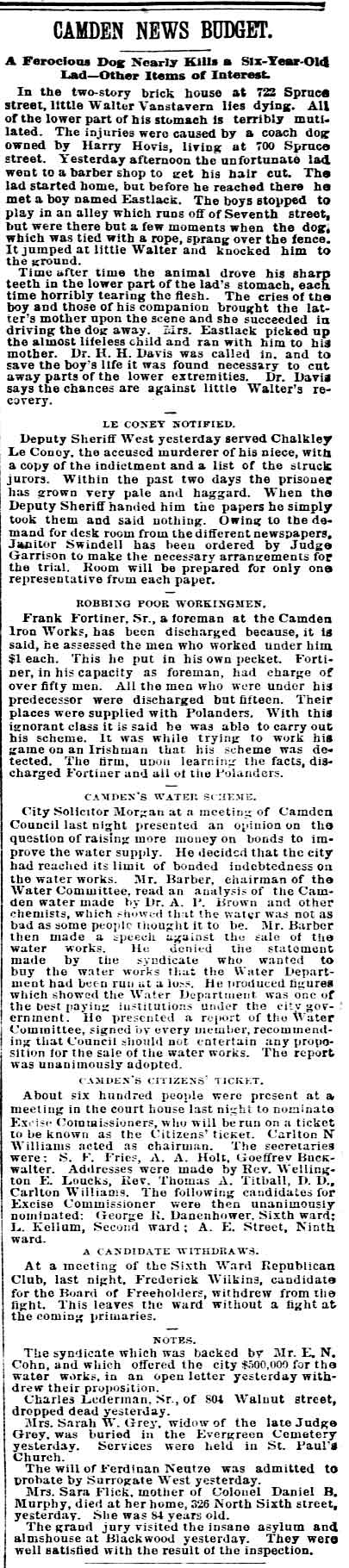 Philadelphia Inquirer clipping, January 31, 1890, Dr. Henry H. Davis dog attack case