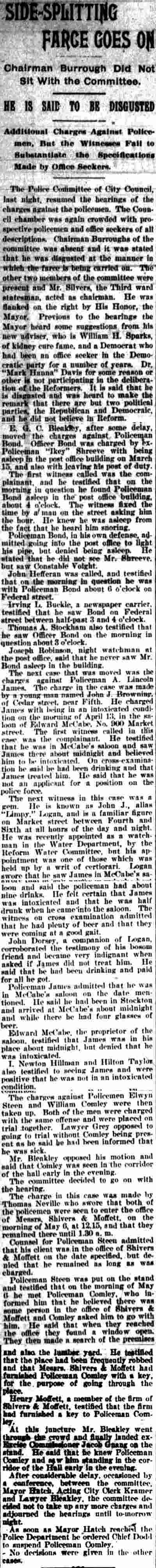 Camden Daily Telegram clipping, May 12, 1898, Side-Splitting Farce Goes On - Police Committee hearings