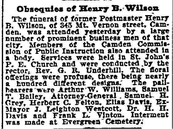 Philadelphia Inquirer clipping, August 25, 1898, Obsequies of Henry B. Wilson