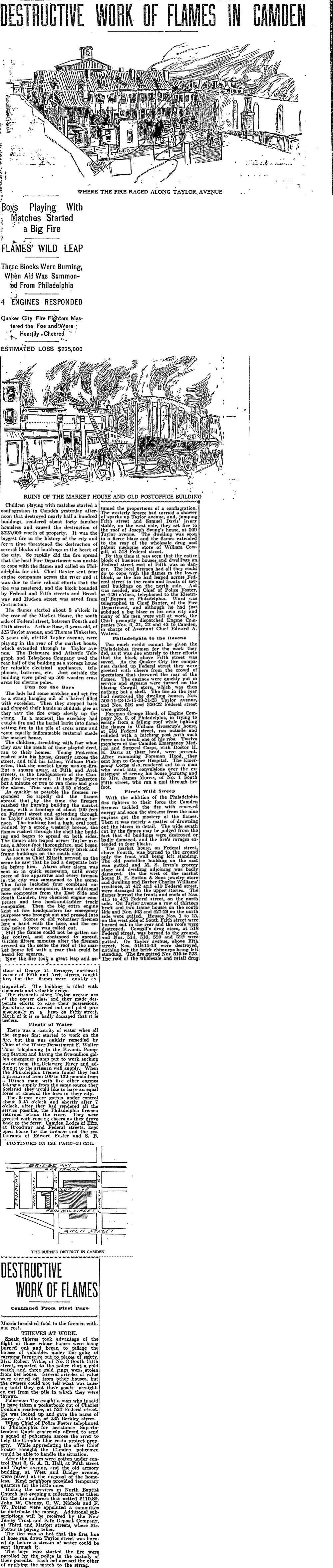 Philadelphia Inquirer clipping, May 14, 1900, Destructive Work of Flames in Camden - Taylor Avenue fire