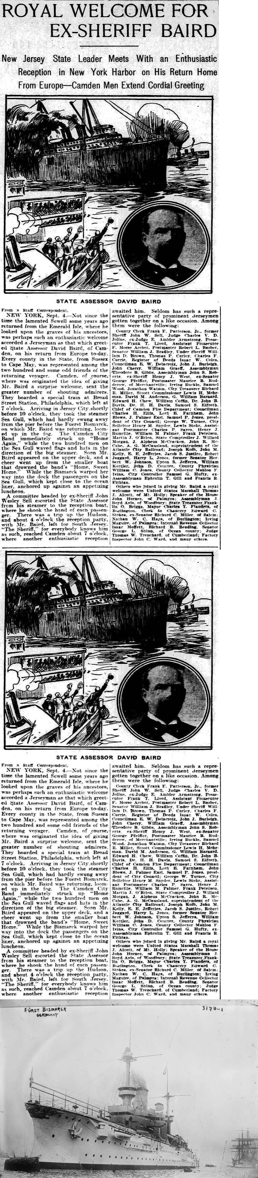 Philadelphia Inquirer clipping, September 5, 1903, Royal Welcome for Ex-Sheriff Baird