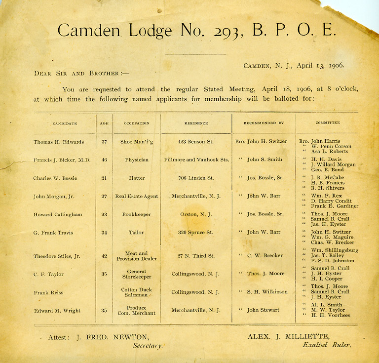 Camden Lodge No. 293, B.P.O.E. meeting notice, April 13, 1906