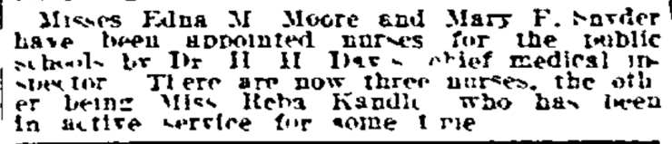 Philadelphia Inquirer clipping, October 25, 1917, school nurse appointments by Dr. H. H. Davis