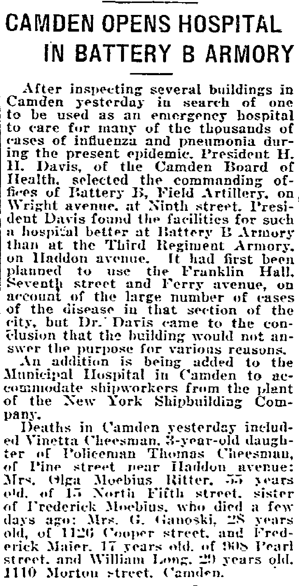 Philadelphia Inquirer clipping, October 7, 1918, Camden opens hospital in Battery B Armory