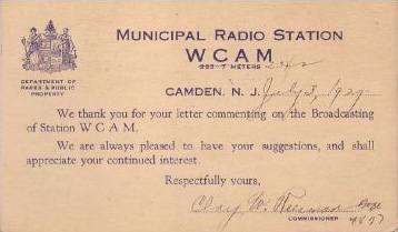 July 3, 1929 QSL Card from WCAM, signed by Commissioner Clay W. Reesman