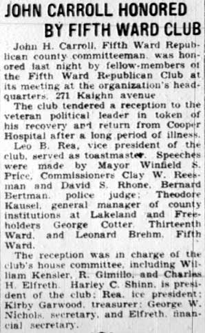 John Carroll Honored by Fifth Ward Club - Camden Courier-Post, February 20, 1928
