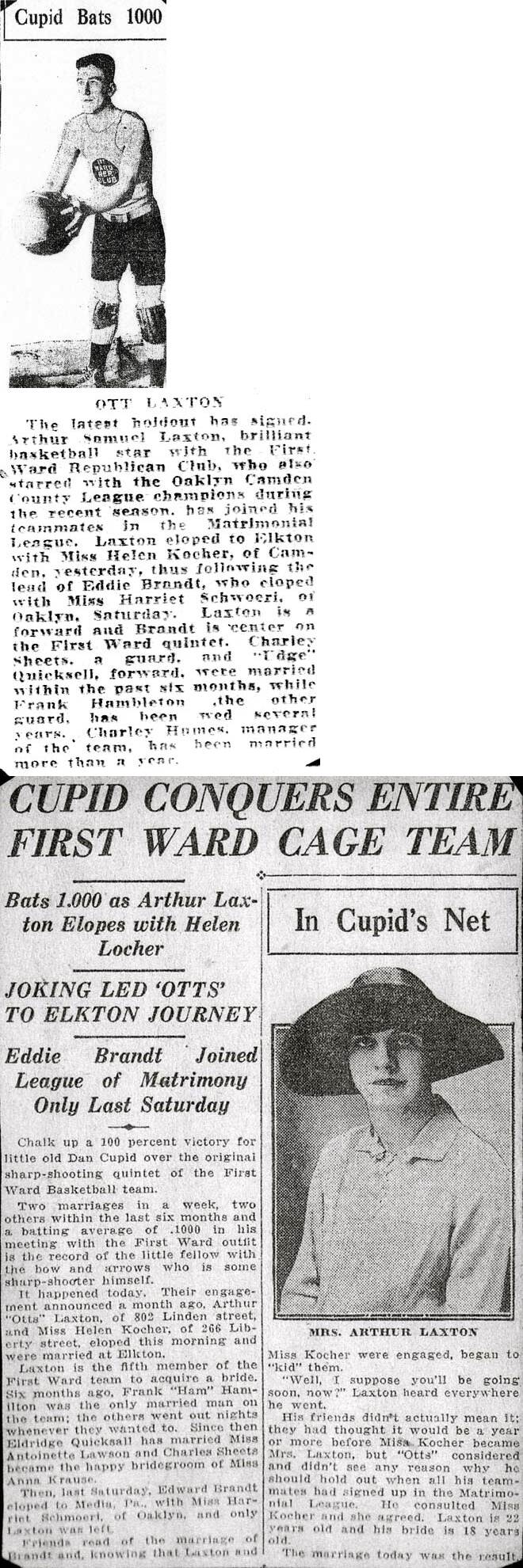 Cupid Conquers Entire First Ward Cage Team - Camden Courier-Post, 1926