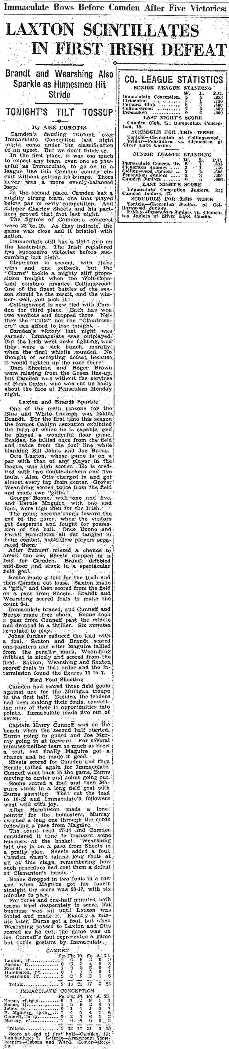 Laxton Scintillates in First Irish Defeat - Camden Evening Courier, January 24, 1927