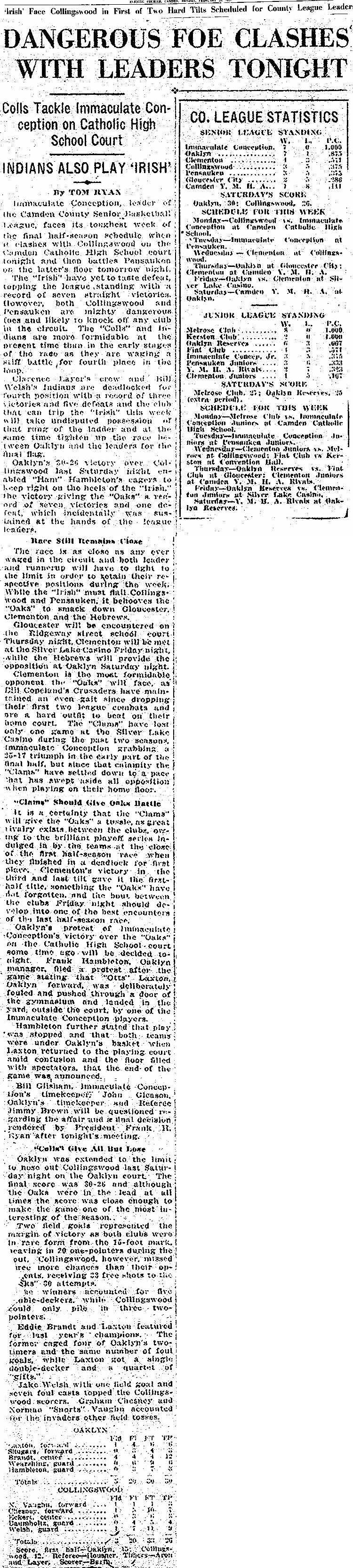 Dangerous Foe Clashes with Oaks Tonight - Camden Evening Courier, February 21, 1927
