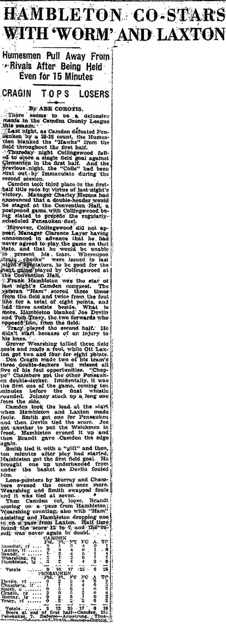 Hambleton Co-Stars with "Worm" and Laxton - Camden Evening Courier, December 24, 1927