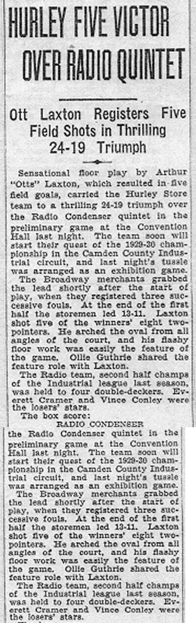 Hurley Five Victor Over Radio Quintet - Camden Courier-Post, Fall 1929