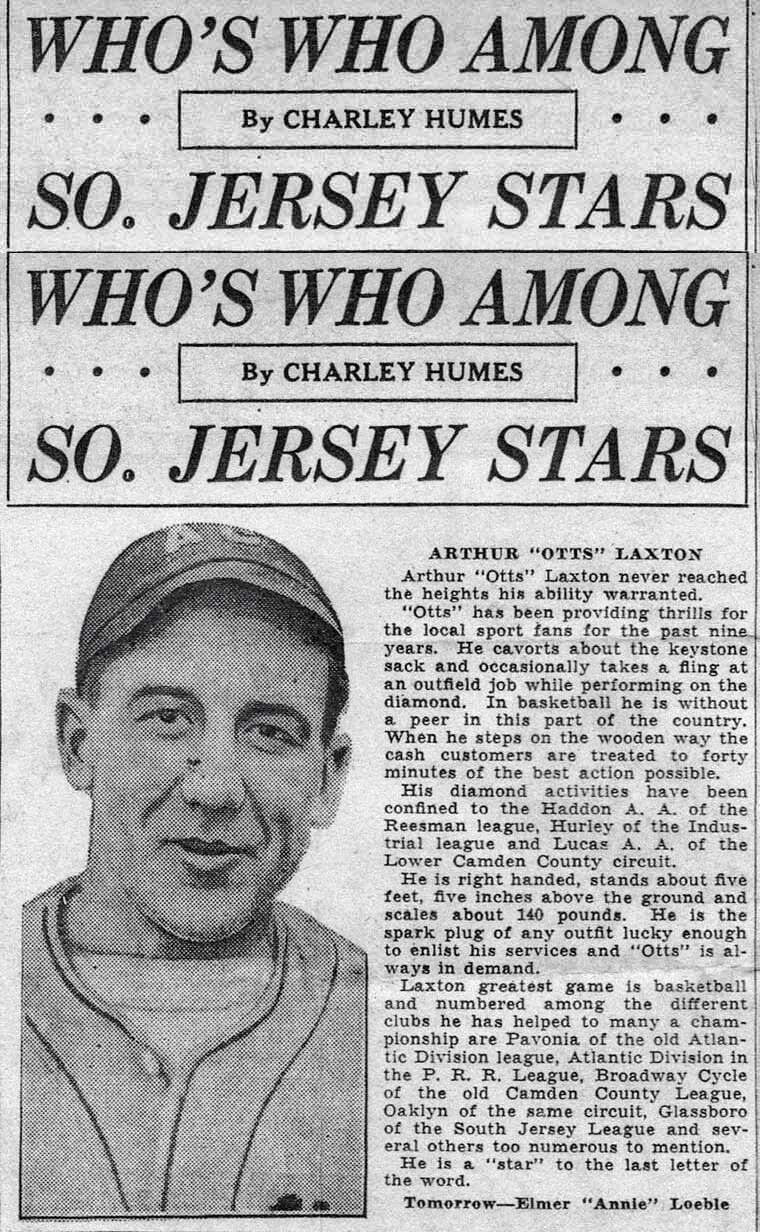 Who's Who Among So. Jersey Stars - Arthur Otts Laxton, Camden Courier-Post, 1930s