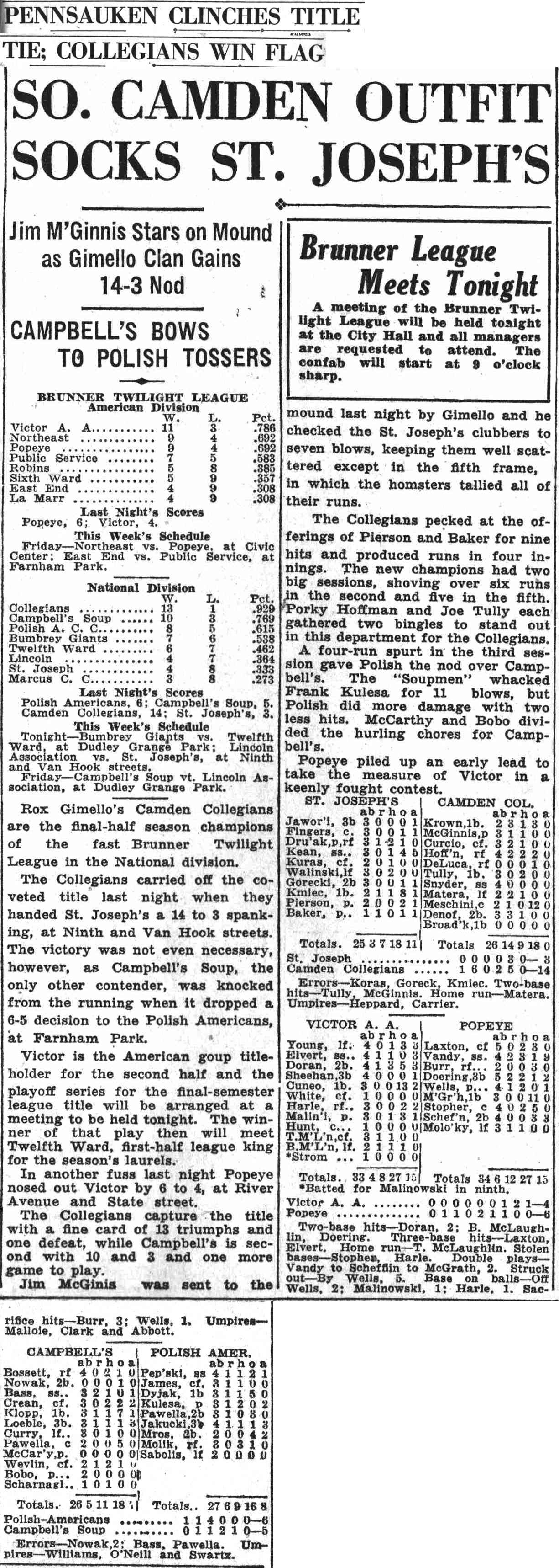 So. Camden Outfit Socks St. Joseph's - Camden Courier-Post, August 29, 1935