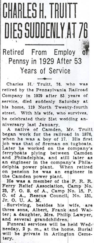 Obituary for Charles H. Truitt, Camden Courier-Post, March 23, 1936