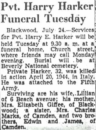 Pvt. Harry Harker Funeral Tuesday — Camden Courier-Post, July 24, 1948