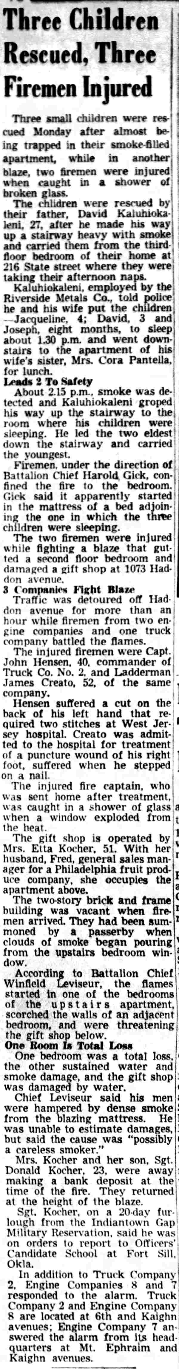 Three Children Rescued, Three Firemen Injured — Camden Courier-Post, November 6, 1951