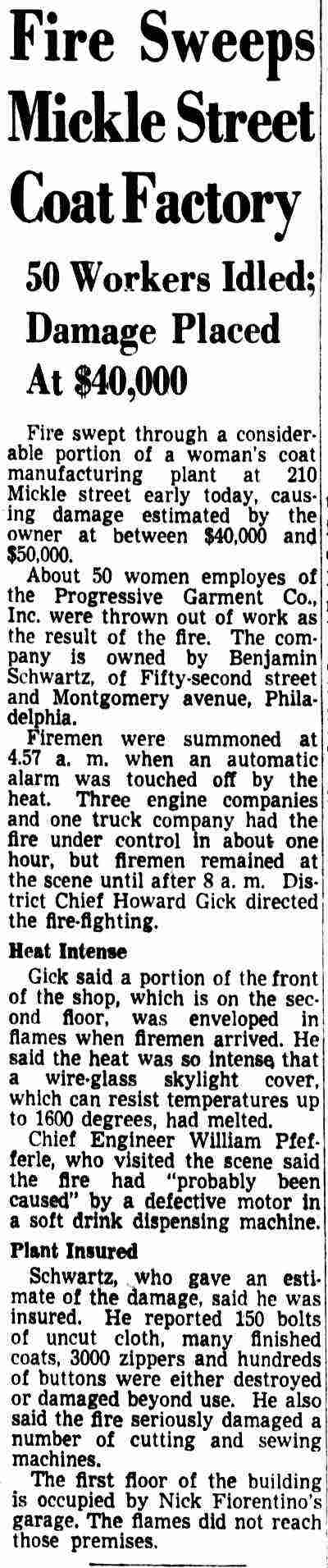 Fire Sweeps Mickle Street Coat Factory — Camden Courier-Post, April 2, 1952