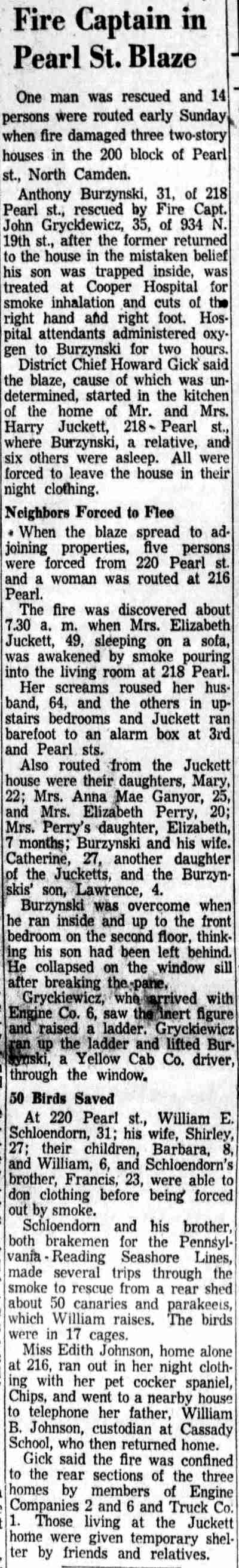 Fire Captain in Pearl St. Blaze — Camden Courier-Post, October 26, 1953