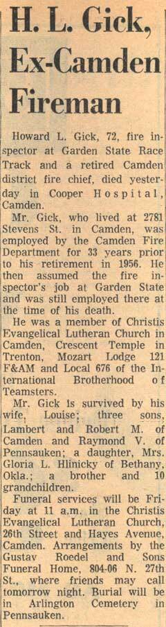 H. L. Gick, Ex-Camden Fireman — Camden Courier-Post, June 5, 1968