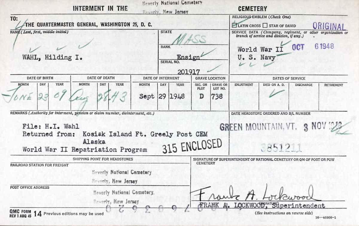 Beverly National Cemetery interment record for Hilding Iver Wahl
