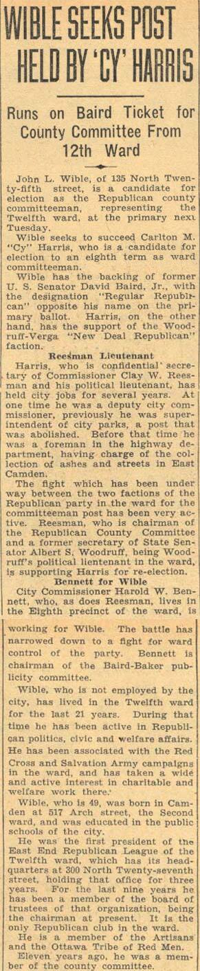 Camden Courier-Post, May 12, 1934 — Wible Seeks Post Held by 'Cy' Harris