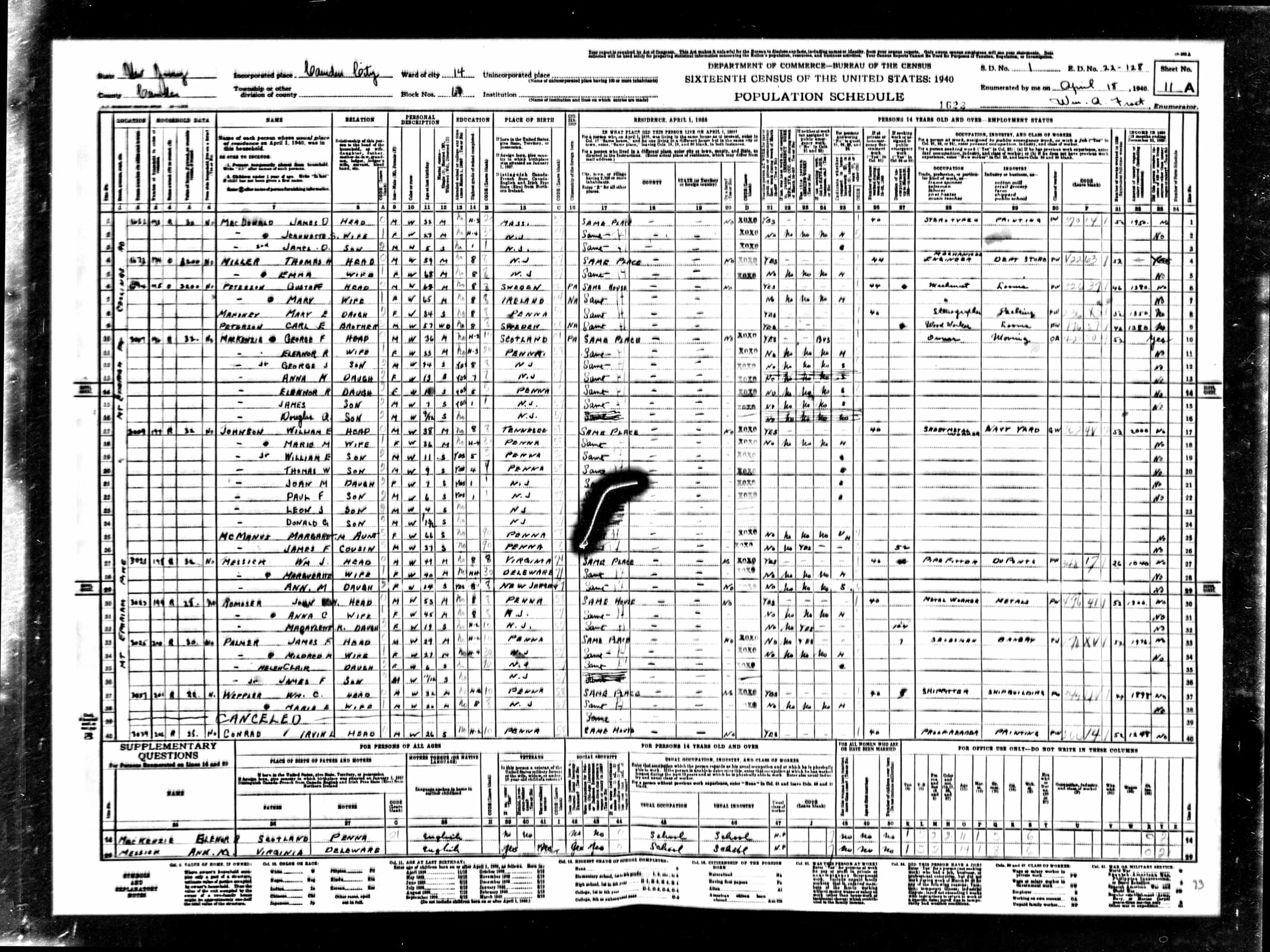 Johnson family, 1940 U.S. Federal Census
