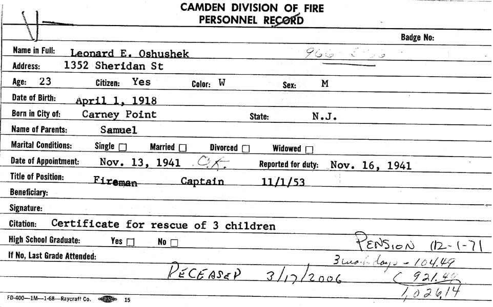 Obituary for Leonard Edward Oshushek, March 2006