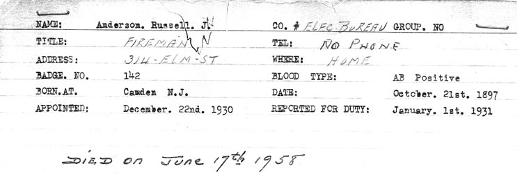 Camden Fire Department personnel record for Russell J. Anderson (front)