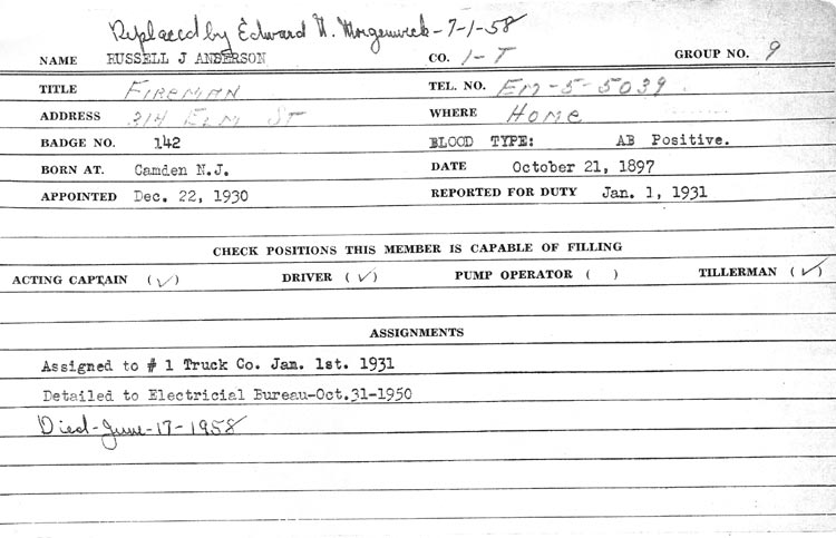Camden Fire Department personnel record for Russell J. Anderson (reverse)