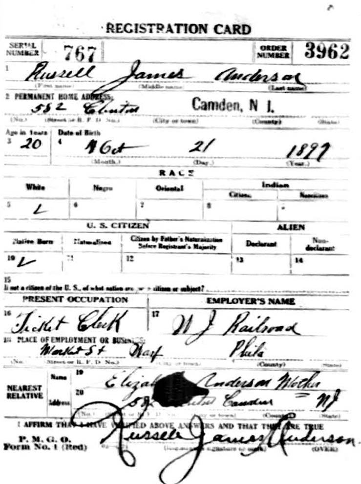 WWI Draft Registration Card for Russell James Anderson, 1918 (front)