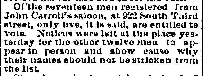 Voter Registrations Challenged at Carroll's Saloon, Philadelphia Inquirer, October 29, 1893