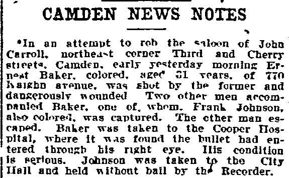 Camden News Notes — robbery attempt at Carroll's saloon, Philadelphia Inquirer, December 21, 1904