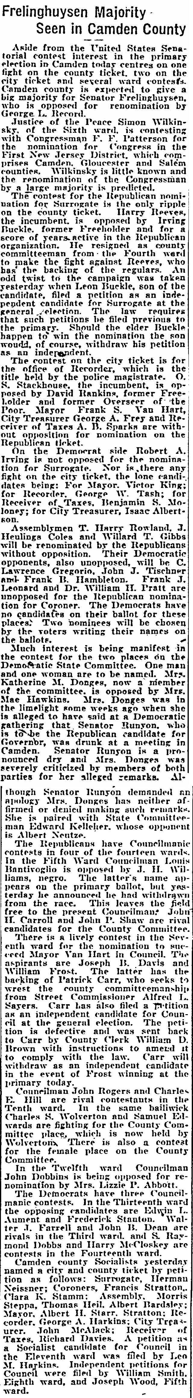 Frelinghuysen Majority Seen in Camden County, Philadelphia Inquirer, September 26, 1922
