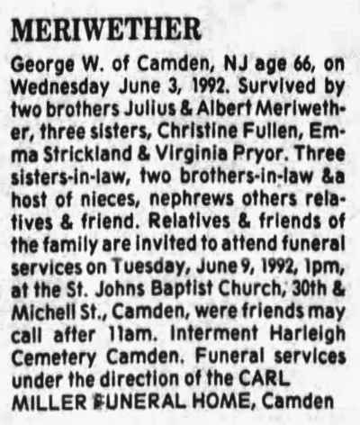Obituary of George W. Meriwether, Camden Courier-Post, June 5, 1992