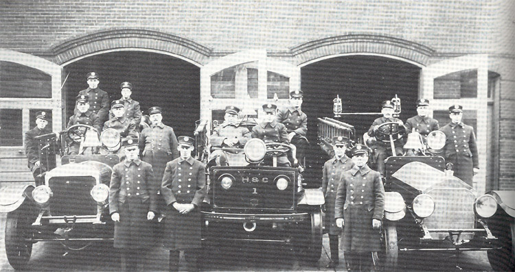 Hook and Ladder Company 3, Hose and Chemical Company 1, and Engine Company 9 group photo, 1924