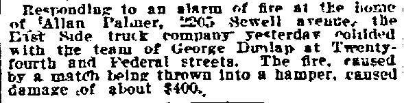 Philadelphia Inquirer, February 19, 1914 - Allen Palmer, fire at 2205 Sewell Avenue, collision at 24th and Federal Streets
