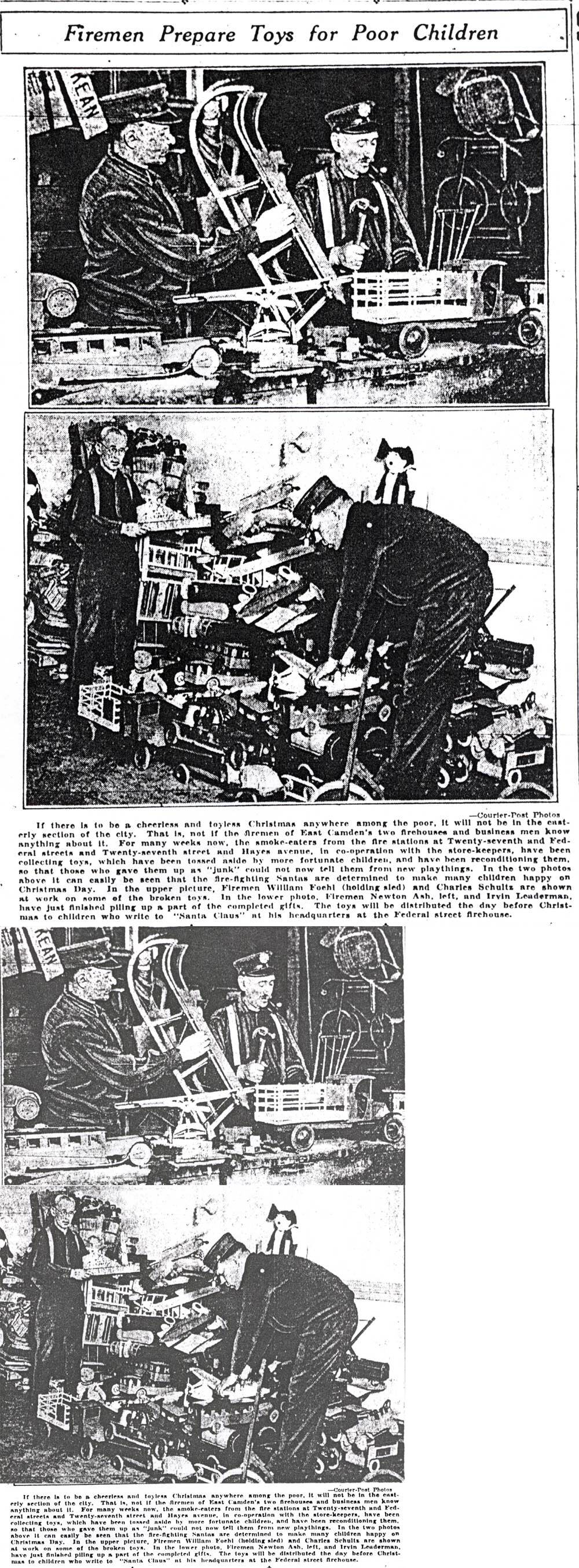 Camden Evening Courier, December 13, 1930 - Firemen Prepare Toys for Poor Children