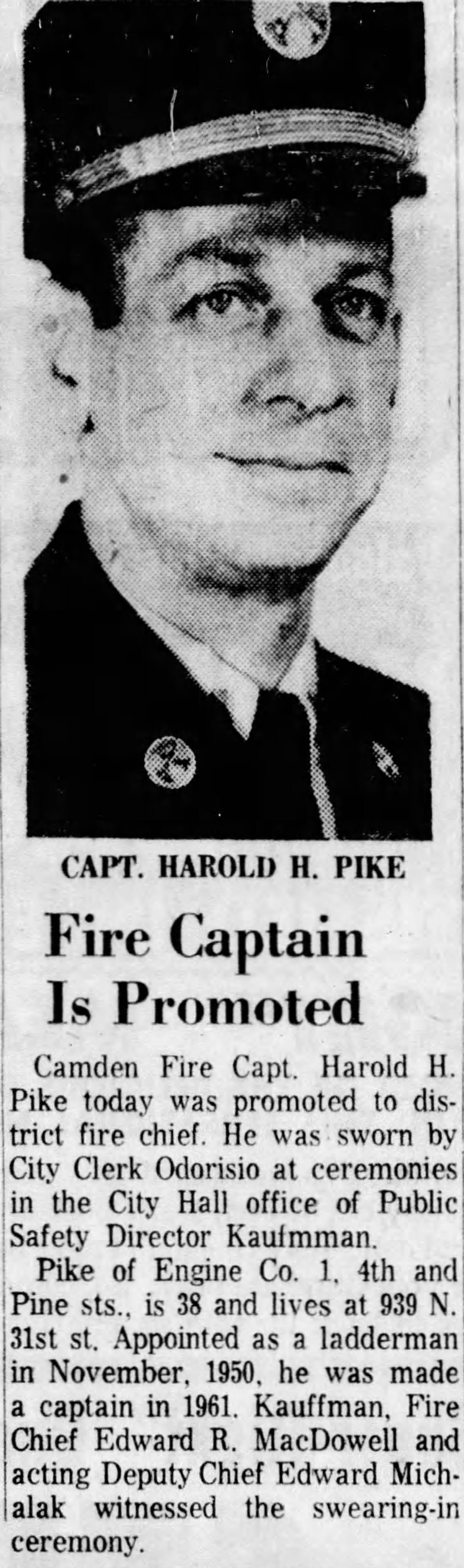 Newspaper clipping: Fire Captain Is Promoted