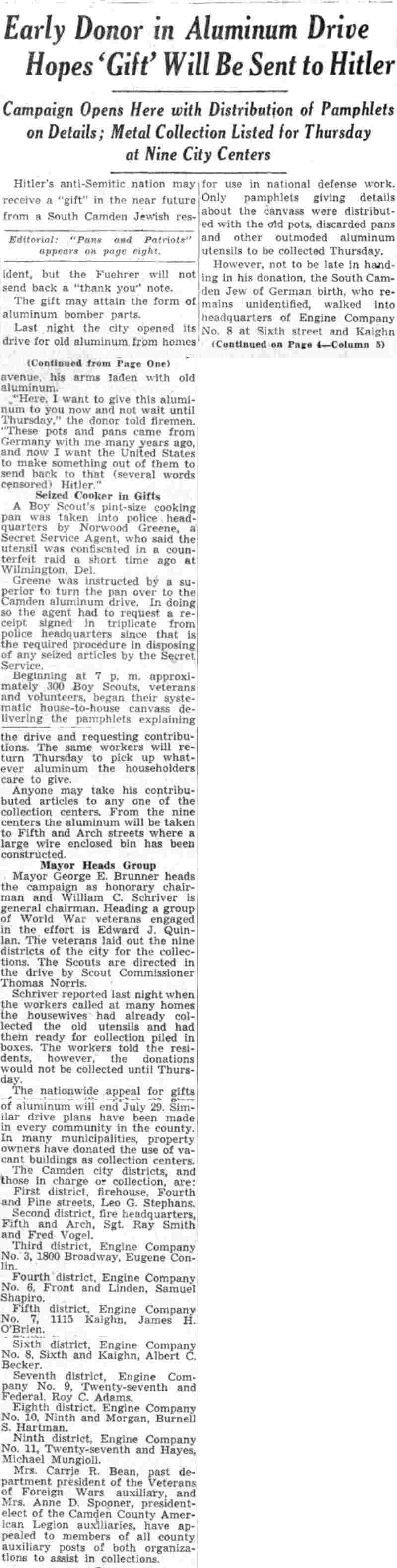 Camden Courier-Post, July 22, 1941 - Early Donor in Aluminum Drive Hopes 'Gift' Will Be Sent to Hitler