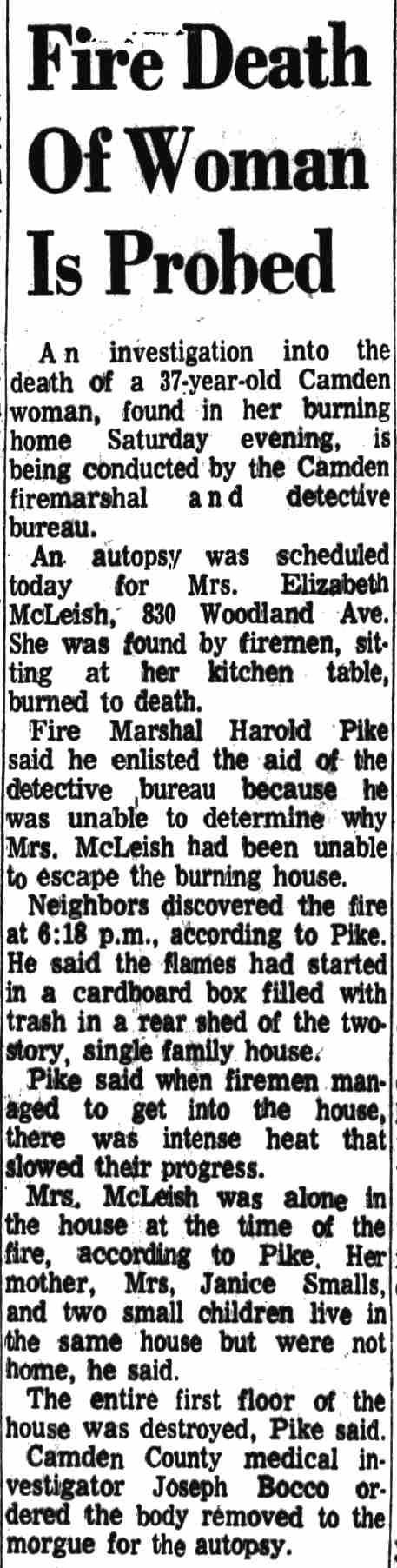 Newspaper clipping: Fire Death Of Woman Is Probed