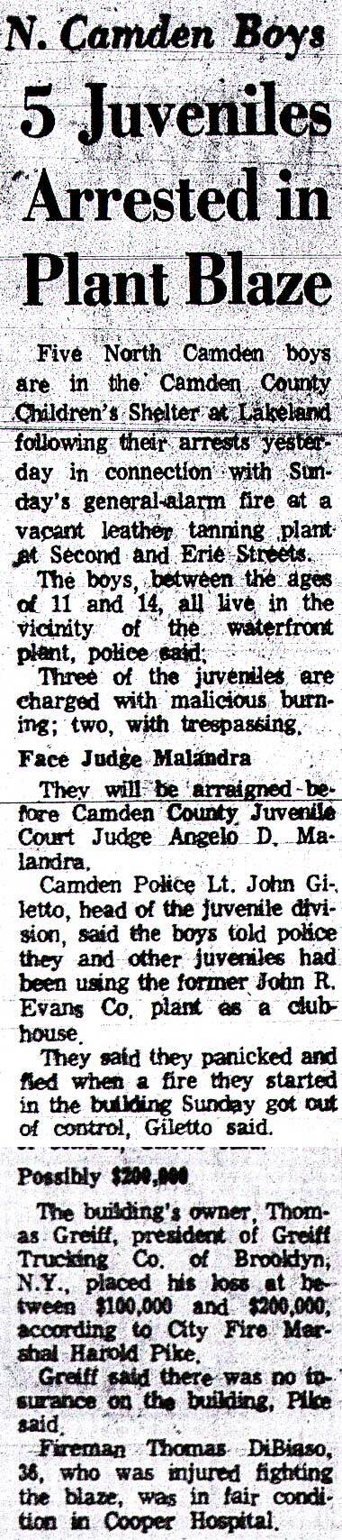 Newspaper clipping: 5 Juveniles Arrested in Plant Blaze