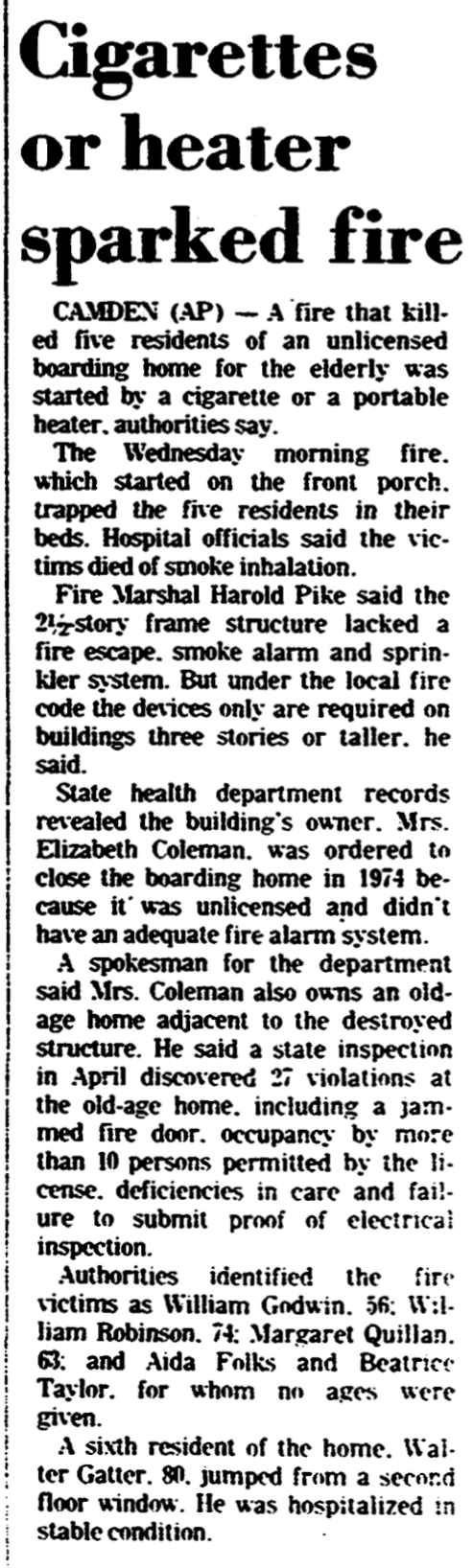 Newspaper clipping: Cigarettes or heater sparked fire
