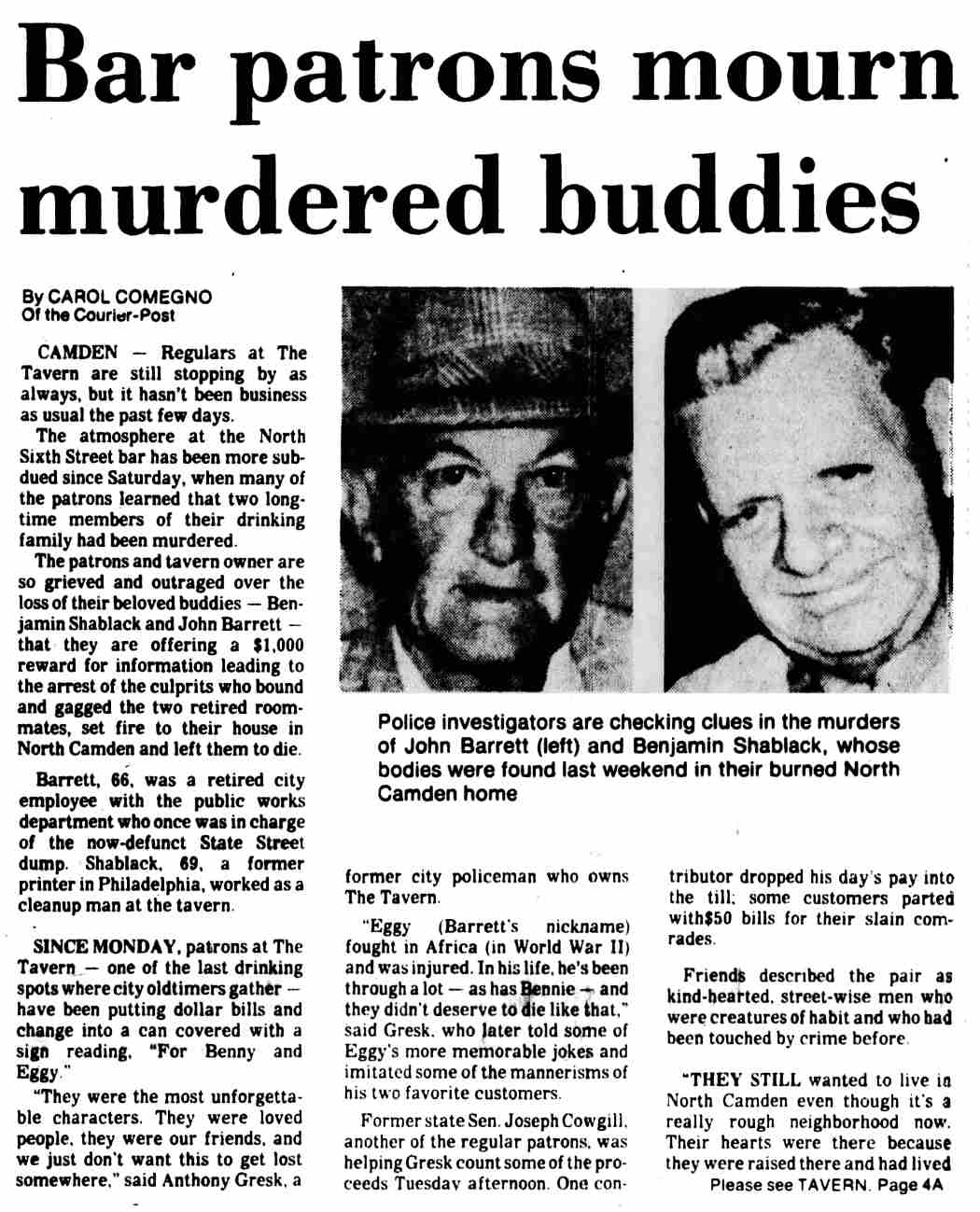 Newspaper clipping: Bar patrons mourn murdered buddies